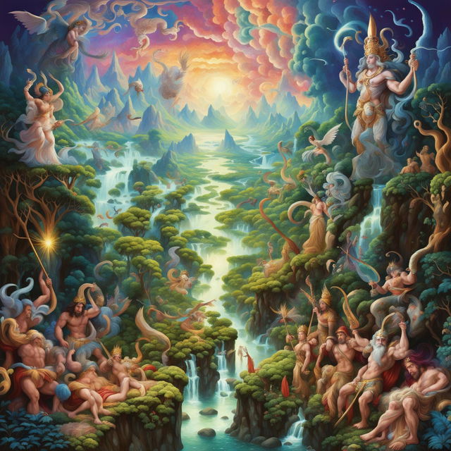 This digital art image depicts a scene from ancient mythology, with gods, goddesses, heroes, and creatures