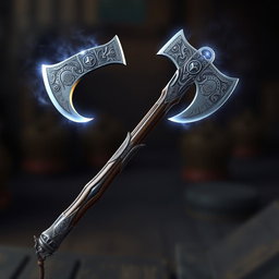 A grand Western-style double-bladed axe, beautifully crafted with intricate engravings and a polished surface