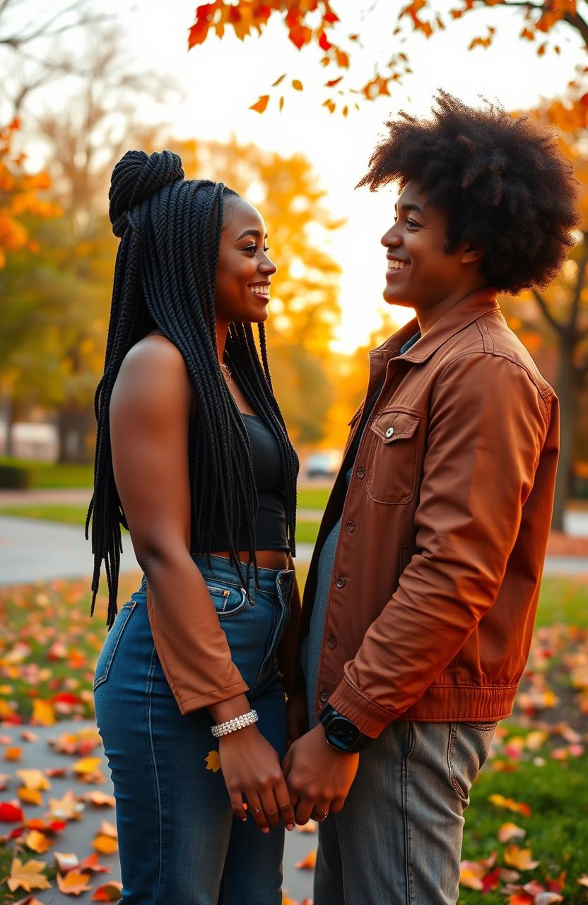 A romantic scene depicting a black girl with beautiful braids and a light-skinned guy with a fluffy afro, both smiling and holding hands