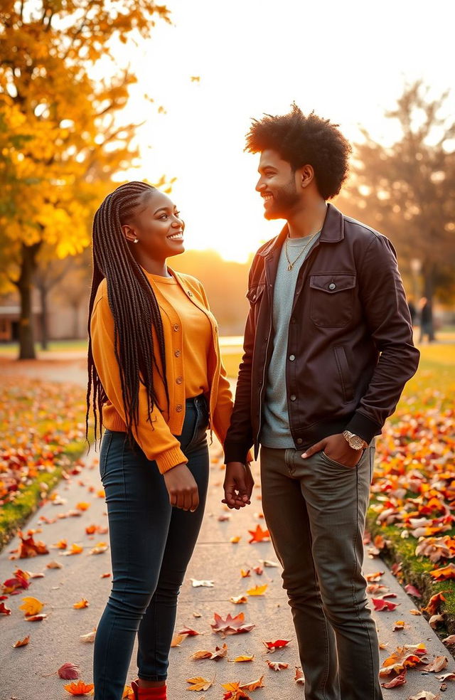 A romantic scene depicting a black girl with beautiful braids and a light-skinned guy with a fluffy afro, both smiling and holding hands