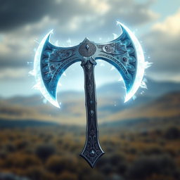 A grand Western-style double-bladed axe, beautifully forged with sharp, gleaming edges and detailed engravings