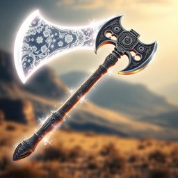 A grand Western-style double-bladed axe, beautifully forged with sharp, gleaming edges and detailed engravings