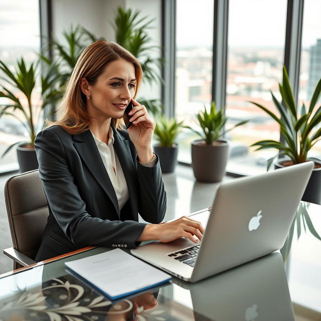 A modern Irish woman in her 40s, dressed in professional secretary attire, sitting at an elegant desk with a laptop open, engaged in a phone call, showcasing her confidence and efficiency