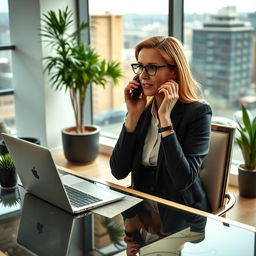 A modern Irish woman in her 40s, dressed in professional secretary attire, sitting at an elegant desk with a laptop open, engaged in a phone call, showcasing her confidence and efficiency