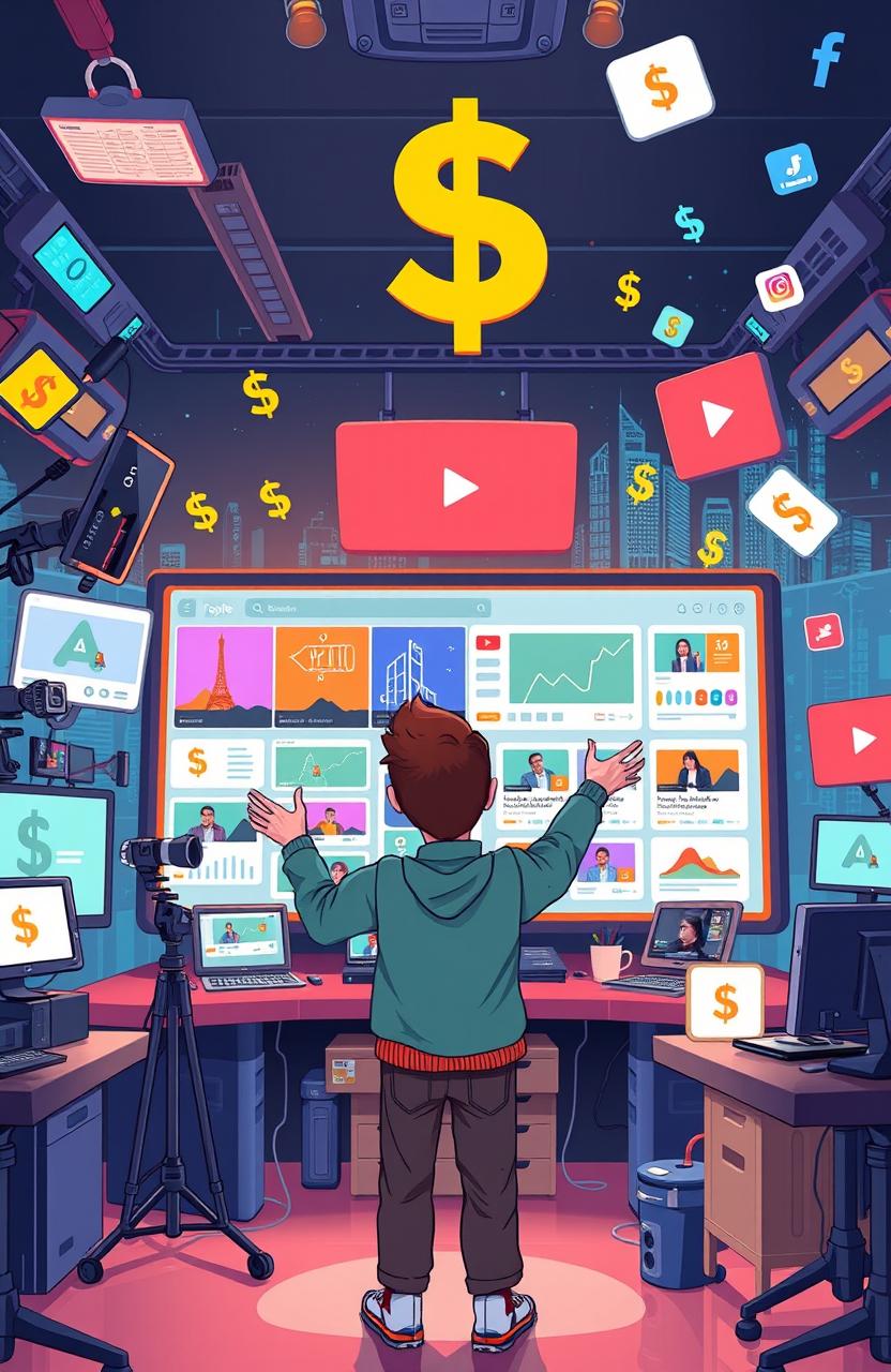 A creative and engaging illustration depicting the concept of monetizing AI for YouTube and Shorts content