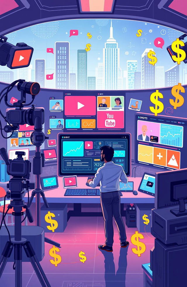 A creative and engaging illustration depicting the concept of monetizing AI for YouTube and Shorts content