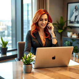 A modern Irish woman in her 40s with striking red hair, dressed in professional secretary attire that accentuates her curves, sitting at an elegant desk with a laptop open, engaged in a phone call