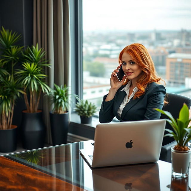 A modern Irish woman in her 40s with striking red hair, dressed in professional secretary attire that accentuates her curves, sitting at an elegant desk with a laptop open, engaged in a phone call