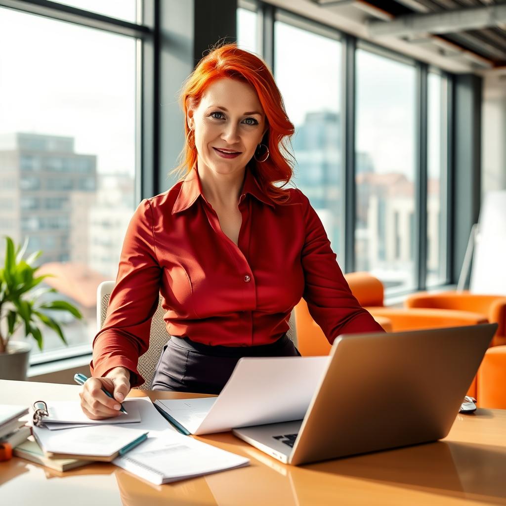 A modern Irish woman in her 40s with vibrant red hair, dressed in a stylish secretary outfit that accentuates her curves, including a fitted blouse and pencil skirt