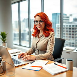 A modern Irish woman in her 40s with vibrant red hair, dressed in a stylish secretary outfit that accentuates her curves, including a fitted blouse and pencil skirt