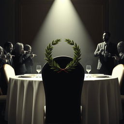 A lavish banquet table set elegantly, with a bright spotlight shining on an empty chair adorned with a beautiful laurel wreath, symbolizing honor and achievement