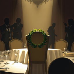 A lavish banquet table set elegantly, with a bright spotlight shining on an empty chair adorned with a beautiful laurel wreath, symbolizing honor and achievement