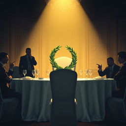 A lavish banquet table set elegantly, with a bright spotlight shining on an empty chair adorned with a beautiful laurel wreath, symbolizing honor and achievement