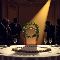 A lavish banquet table set elegantly, with a bright spotlight shining on an empty chair adorned with a beautiful laurel wreath, symbolizing honor and achievement