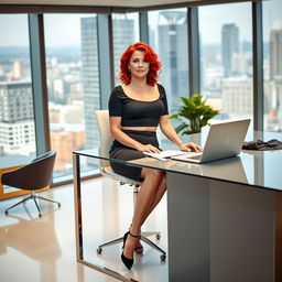 A modern Irish woman in her 40s with vibrant red hair, wearing a chic crop top that highlights her figure paired with a form-fitting tight skirt and stylish high-heeled shoes