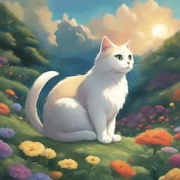 A high-definition digital art poster featuring a unique, enchanting cat in a relaxed pose