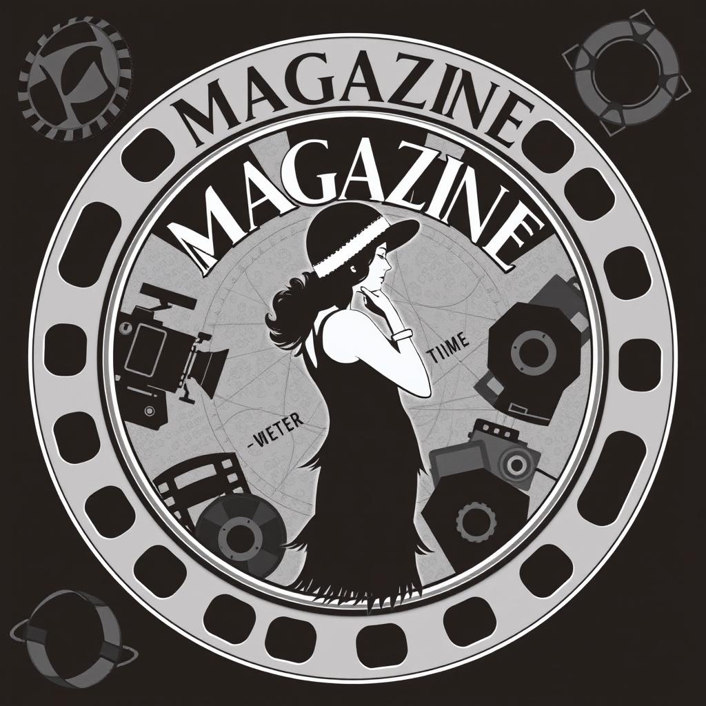 A stylish 1920s magazine cover design featuring a film reel as the frame