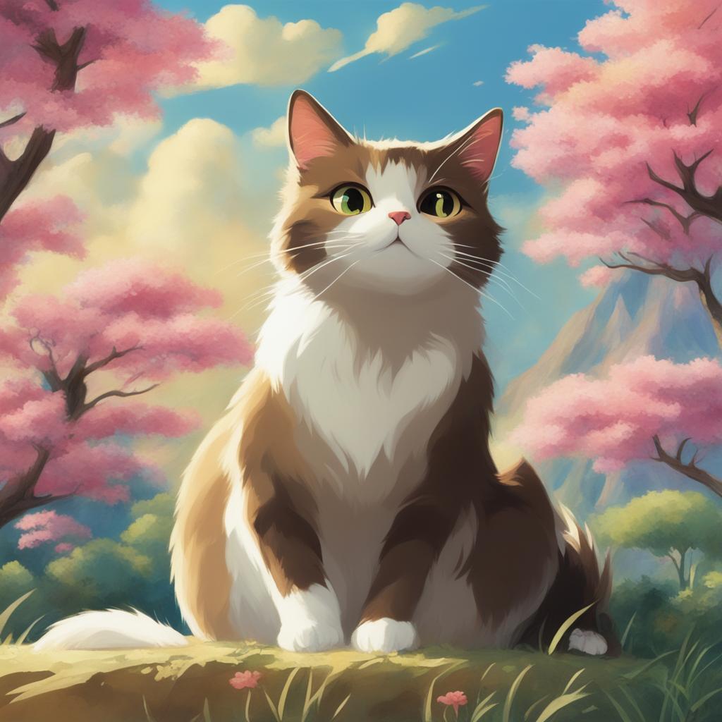 A high-definition digital art poster featuring a unique, enchanting cat in a relaxed pose