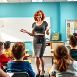 A modern Irish woman in her 50s, confidently teaching a classroom full of engaged students