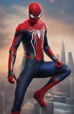 A 32k ultra HD, 200mm digital portrait of Marvel's Spiderman, detailed in his iconic suit against a cityscape background