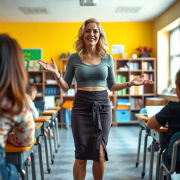 A dynamic scene featuring a modern Irish woman in her 50s who is actively teaching in a vibrant classroom