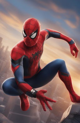 A 32k ultra HD, 200mm digital portrait of Marvel's Spiderman, detailed in his iconic suit against a cityscape background