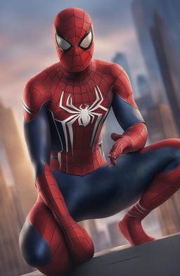 A 32k ultra HD, 200mm digital portrait of Marvel's Spiderman, detailed in his iconic suit against a cityscape background