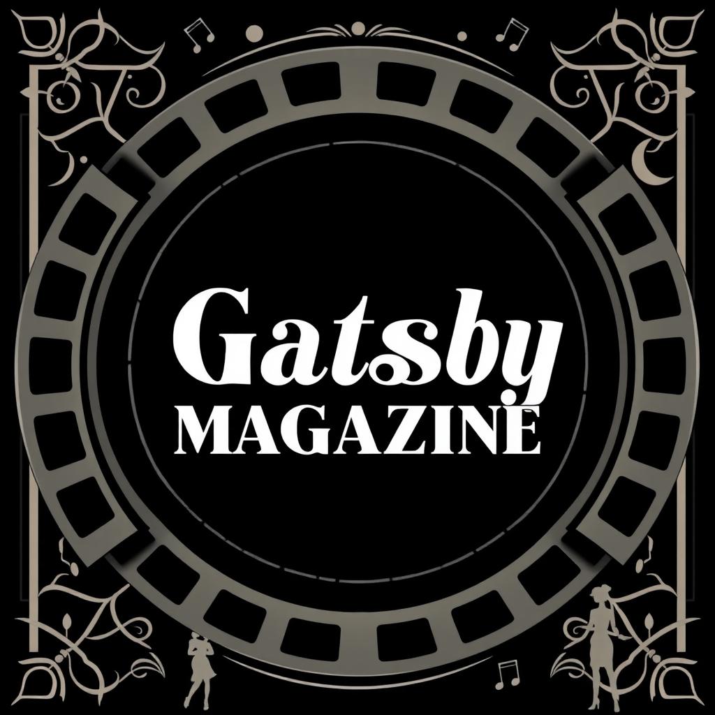 A stylish magazine cover inspired by the iconic Great Gatsby, featuring a movie reel strip as the frame