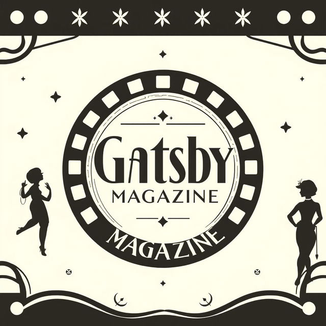 A stylish magazine cover inspired by the iconic Great Gatsby, featuring a movie reel strip as the frame