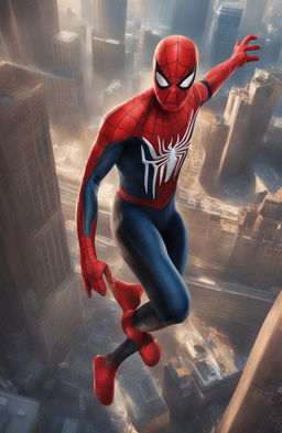 A 32k ultra HD, 200mm digital portrait of Marvel's Spiderman, detailed in his iconic suit against a cityscape background