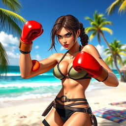 Lara Croft, the iconic video game character, on a sunny beach wearing a stylish bikini