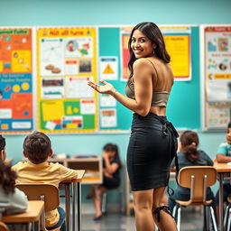 A modern Latina woman aged around 40, confidently teaching in a vibrant classroom setting