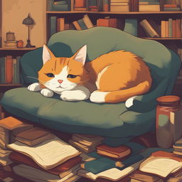 A high-definition digital art poster featuring a different, charming cat lounging on a pile of books in a cozy study