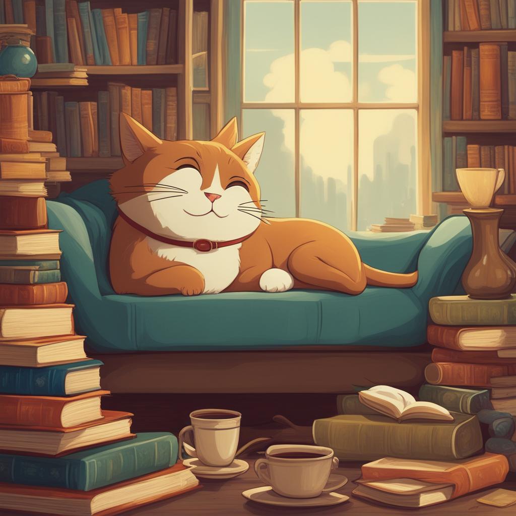 A high-definition digital art poster featuring a different, charming cat lounging on a pile of books in a cozy study