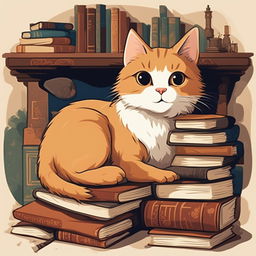 A high-definition digital art poster featuring a different, charming cat lounging on a pile of books in a cozy study