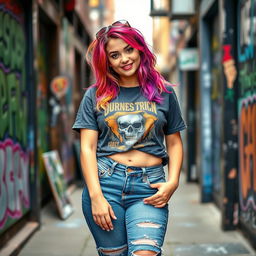 A curvy scene girl with vibrant, multi-colored hair styled in an edgy fashion, wearing a graphic tee and low-rise jeans that accentuate her figure