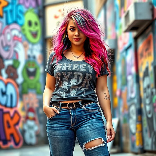 A curvy scene girl with vibrant, multi-colored hair styled in an edgy fashion, wearing a graphic tee and low-rise jeans that accentuate her figure