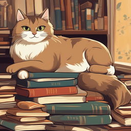 A high-definition digital art poster featuring a different, charming cat lounging on a pile of books in a cozy study