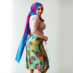 An innocent 40-year-old Arab woman wearing a vibrant hijab that beautifully complements her outfit