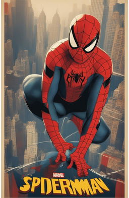 A 32k ultra HD, 200mm vintage-style poster of Marvel's Spiderman, set against a stylized New York City background