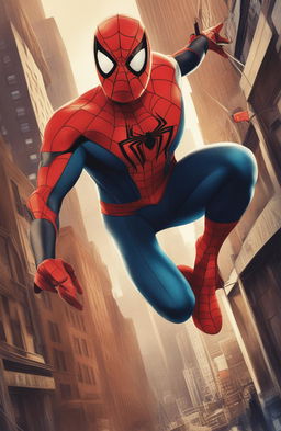 A 32k ultra HD, 200mm vintage-style poster of Marvel's Spiderman, set against a stylized New York City background