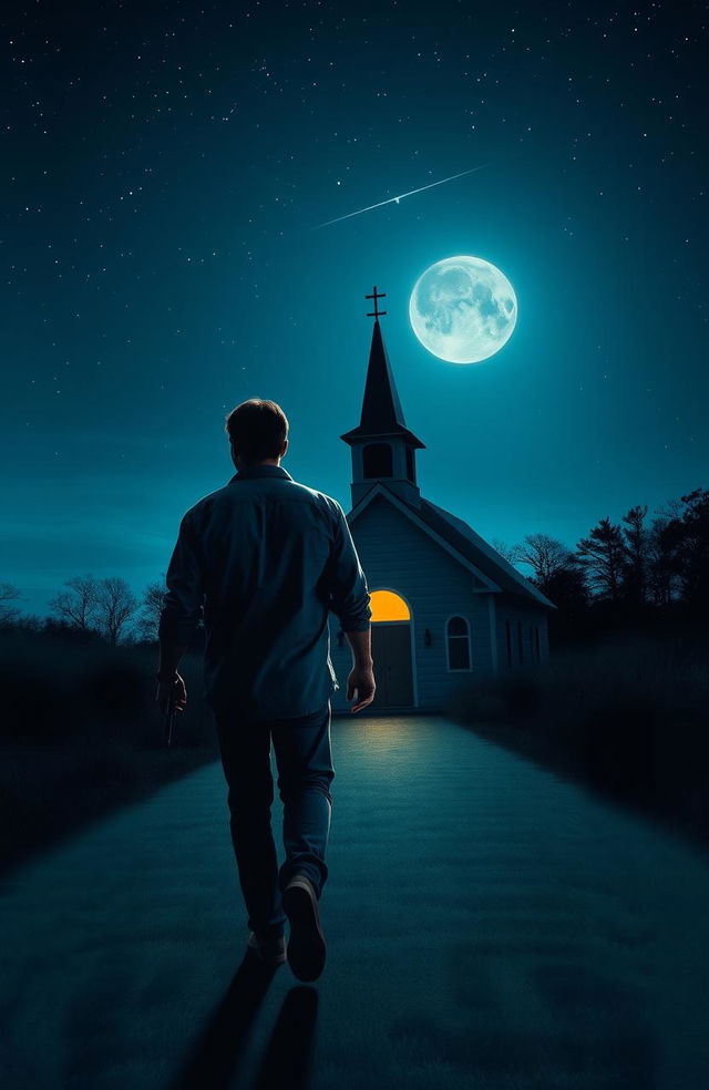 A scene depicting a man wearing a deep blue shirt, walking towards a small, quaint church illuminated by moonlight