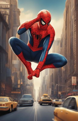 A 32k ultra HD, 200mm vintage-style poster of Marvel's Spiderman, set against a stylized New York City background