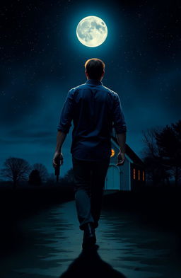 A scene depicting a man wearing a deep blue shirt, walking towards a small, quaint church illuminated by moonlight