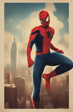 A 32k ultra HD, 200mm vintage-style poster of Marvel's Spiderman, set against a stylized New York City background