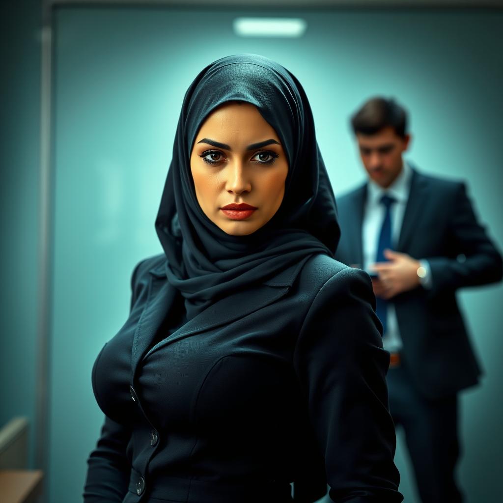 An innocent 40-year-old Arab woman in a stylish secretary uniform, wearing a fashionable hijab