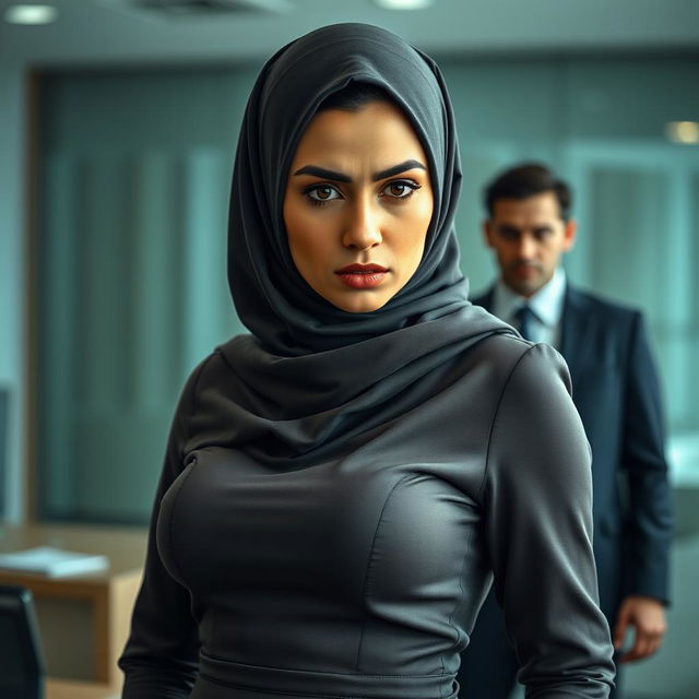 An innocent 40-year-old Arab woman in a stylish secretary uniform, wearing a fashionable hijab