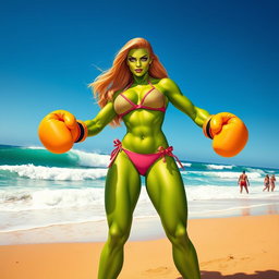 A powerful and confident She-Hulk character, vibrant and muscular, standing on a sunny beach wearing a stylish bikini
