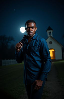 A Black man wearing a deep blue shirt strides towards a small, quaint church illuminated by moonlight