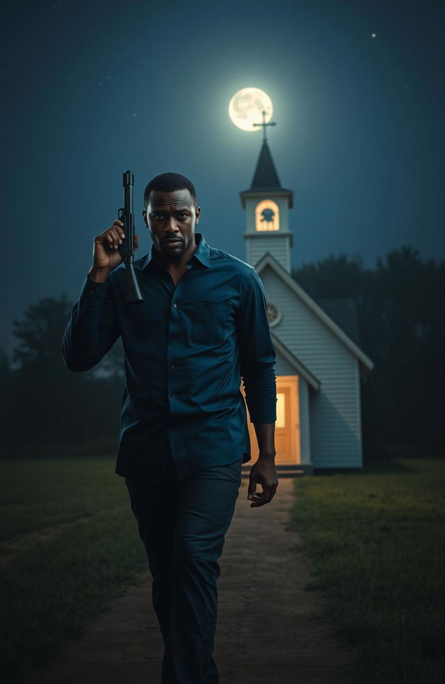 A Black man wearing a deep blue shirt strides towards a small, quaint church illuminated by moonlight